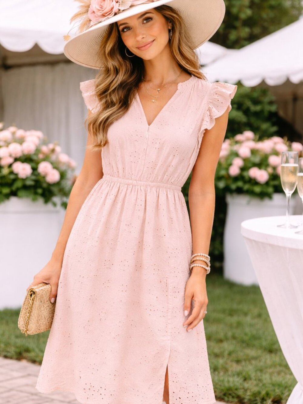 Women's Pink Eyelet Flutter Sleeve Dress - Elegant Summer Style